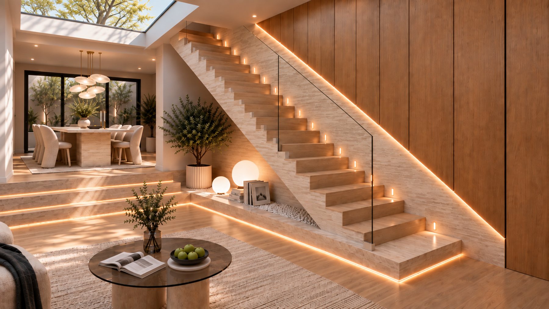 Entrance with floating stair and warm timber panelling