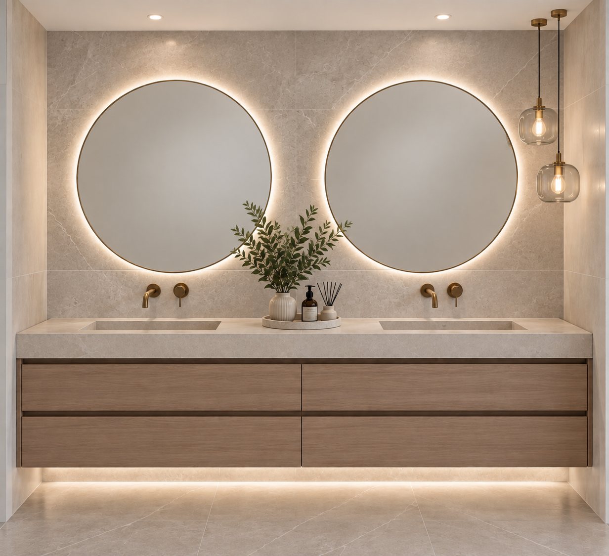 Guest bathroom double vanity with illuminated round mirrors