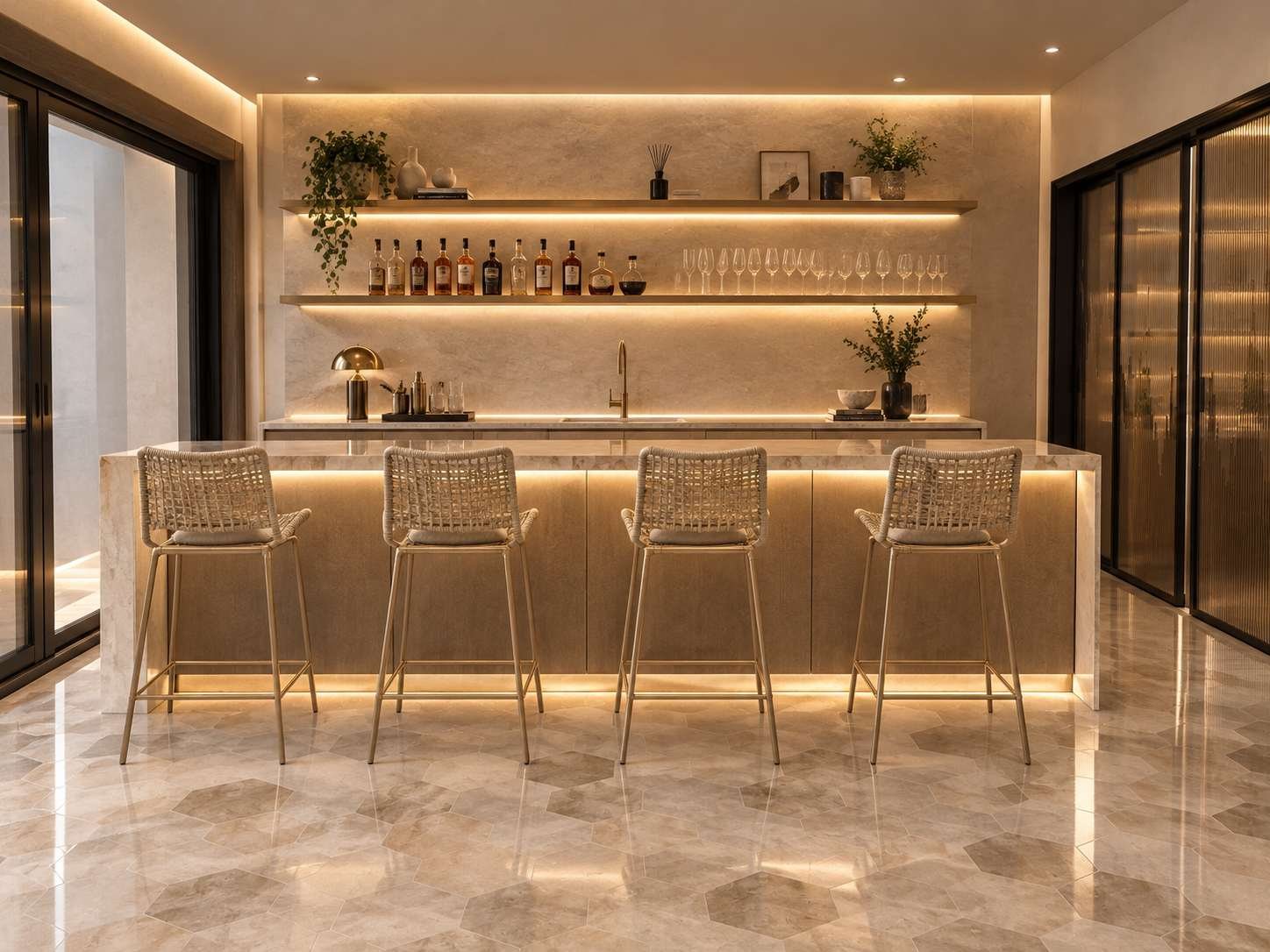 Helderfontein bar with illuminated shelving and woven stools