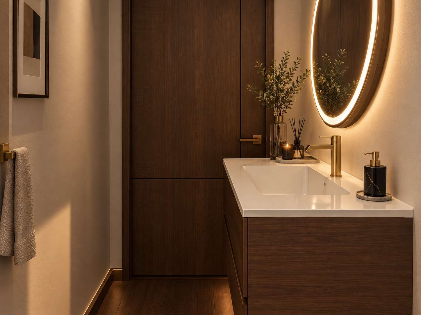 Helderfontein guest bathroom vanity with oval illuminated mirror