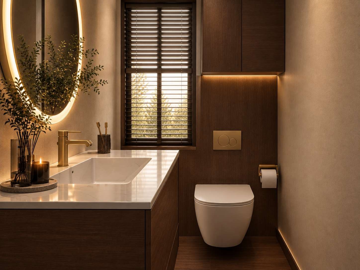 Helderfontein guest bathroom with wall-hung toilet and walnut panelling